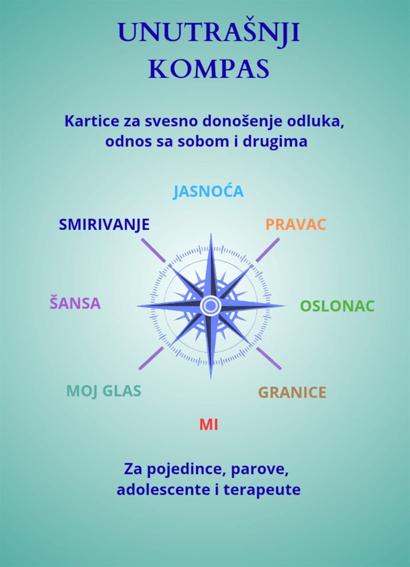 Naslovnica seta: Unutrašnji kompas — kartice za svesno donošenje odluka, odnos sa sobom i drugima. Osam pravaca: jasnoća, pravac, oslonac, granice, mi, moj glas, šansa, smirivanje.